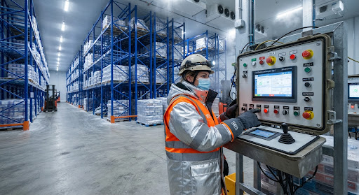 Worker operating low temperature resistant pallet rack in cold chain warehouse storage solutions