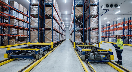 Electric mobile racking units forming high density freezer room pallet racking